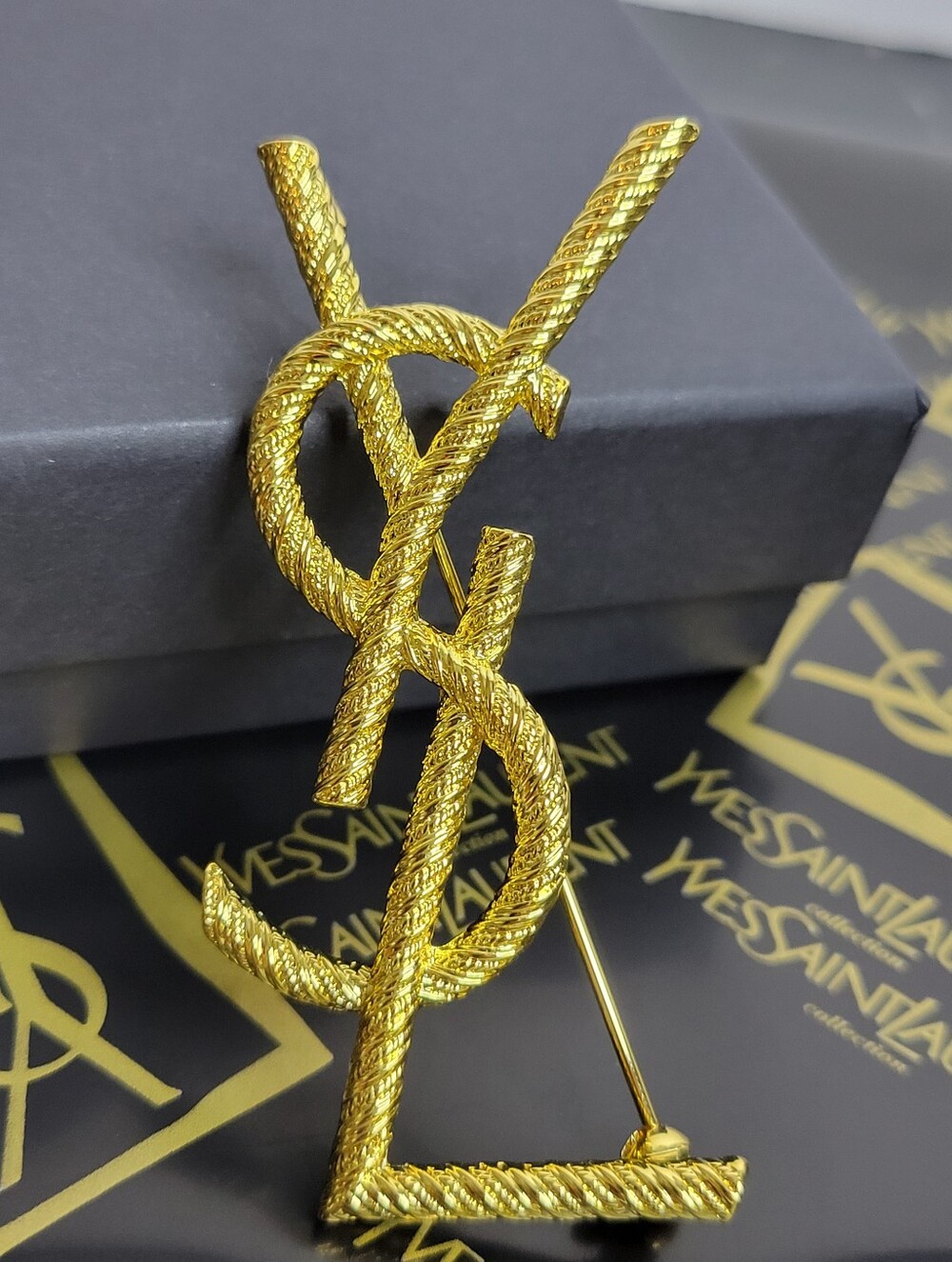 Large Gold Plated YSL Brooch, 2.75"